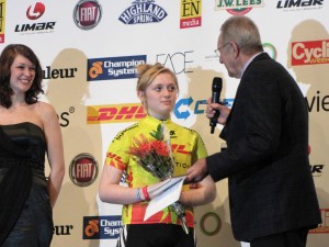 Revolution 36 - Emily graduates - final podium as a DHL Future Stars after three years domination - speaking to Hugh Porter - ©2012 Anna Magrath/Cycling Shorts.