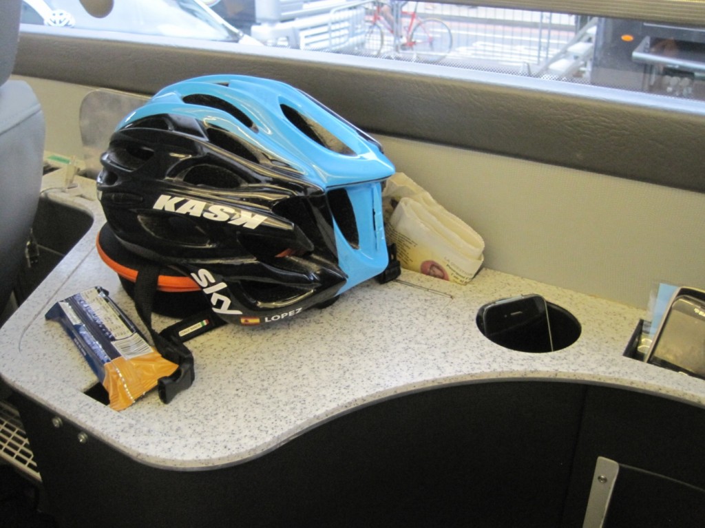 David Lopez occupied this seat during the Tour of Britain, and his newspaper, recovery bar and phones await his return -Image ©Paul Harris / Cycling Shorts. David Lopez occupied this seat during the Tour of Britain, and his newspaper, recovery bar and phones await his return -Image ©Paul Harris / Cycling Shorts.