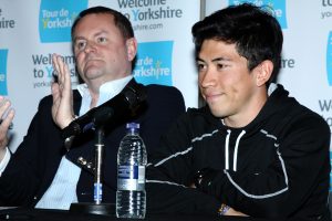 Sir Gary Verity welcomes Caleb Ewan (Orica GreenEDGE) to the Tour de Yorkshire.