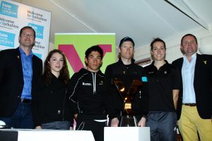 L-R: Christian Prudhomme, Lucy Garner, Caleb Ewan, Lars-Petter Nordhaug, Dani King & Sir Gary Verity. 